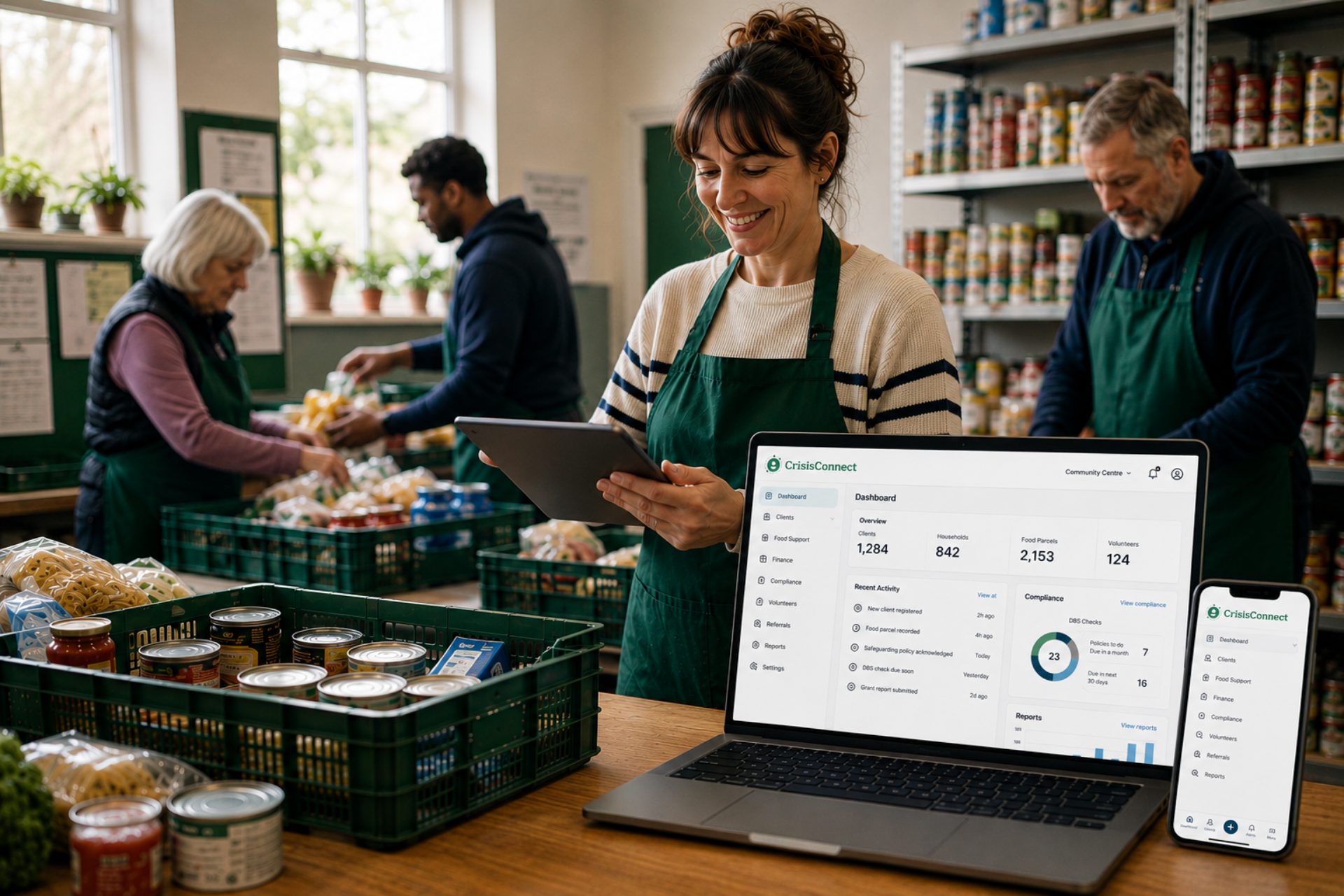 Volunteers running a community food pantry, with CrisisConnect open on a laptop and phone