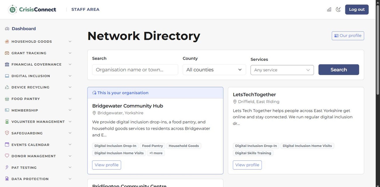networkConnect showing the network directory, consent-led referrals and regional intelligence