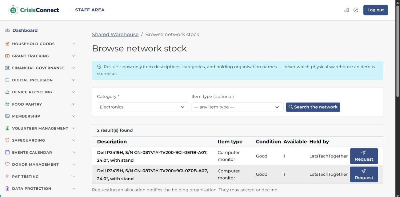warehouseConnect network stock browse